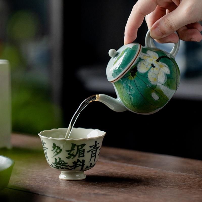 冰片釉纯手绘瓷夏荷陶茶壶单壶复古梨形壶功夫冲家用CH-00253泡茶