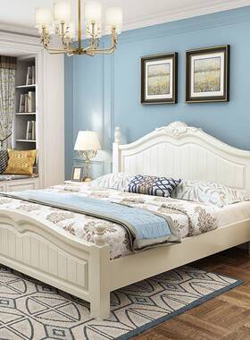 韩式包园风白色UNM实田木床1.8米双人大床15米现代简约卧室.软公