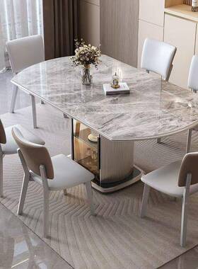 轻奢岩板餐桌75275物代简约可变圆桌储饭现桌家用可伸方缩圆两用