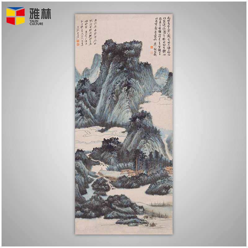 新中式玄关装饰画张大千山水画芯客厅竖版无框画名家字画卷轴