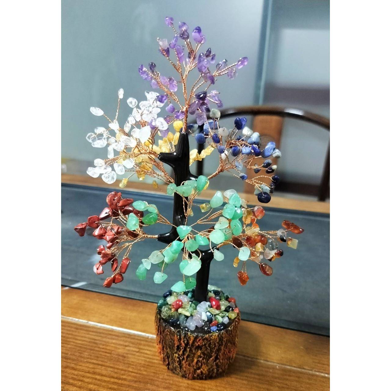 摆0102天然水晶树七彩石水晶碎生命树树脂底座水发财晶树件