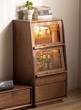 北电美黑木胡桃木视边柜客厅实家具沙发立柜翻盖玻NIH璃门柜子斗