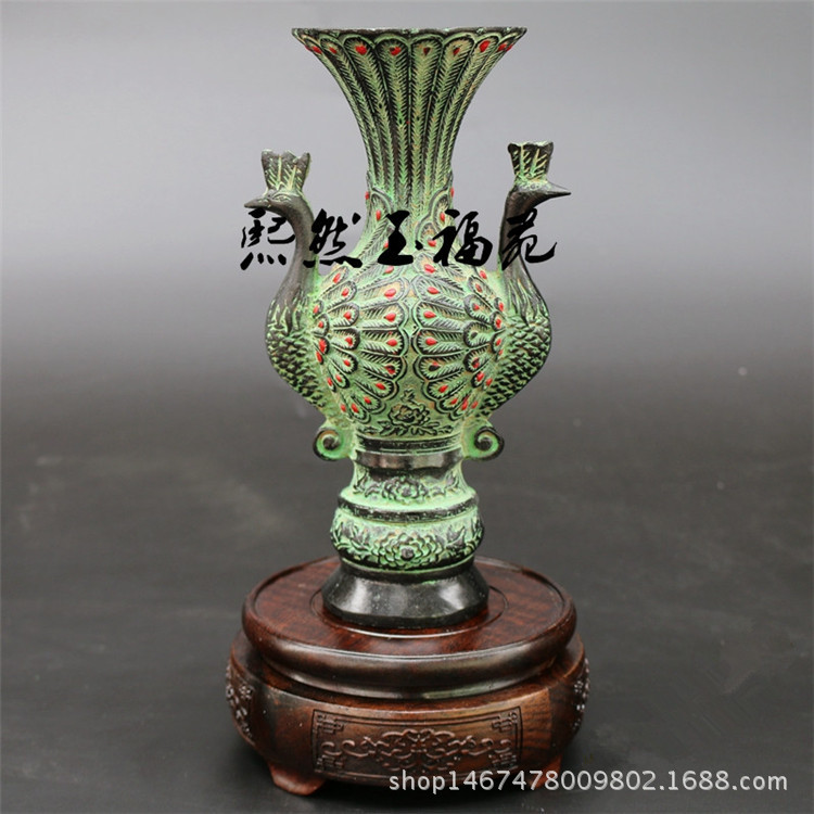仿古青铜器孔雀花瓶摆件