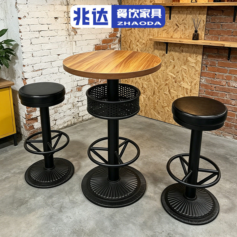 复古酒吧黑色餐桌椅子夜店清吧高脚圆桌方桌靠背椅工业风酒桌组合
