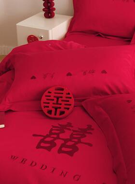 HINI婚I高端结四件套I大婚红色刺绣房婚庆喜被套喜无品牌/庆床单