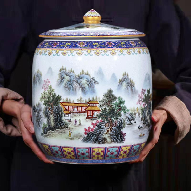 景德镇陶瓷米缸家用30斤装 面粉桶储米箱带盖子 防虫密封储物水罐