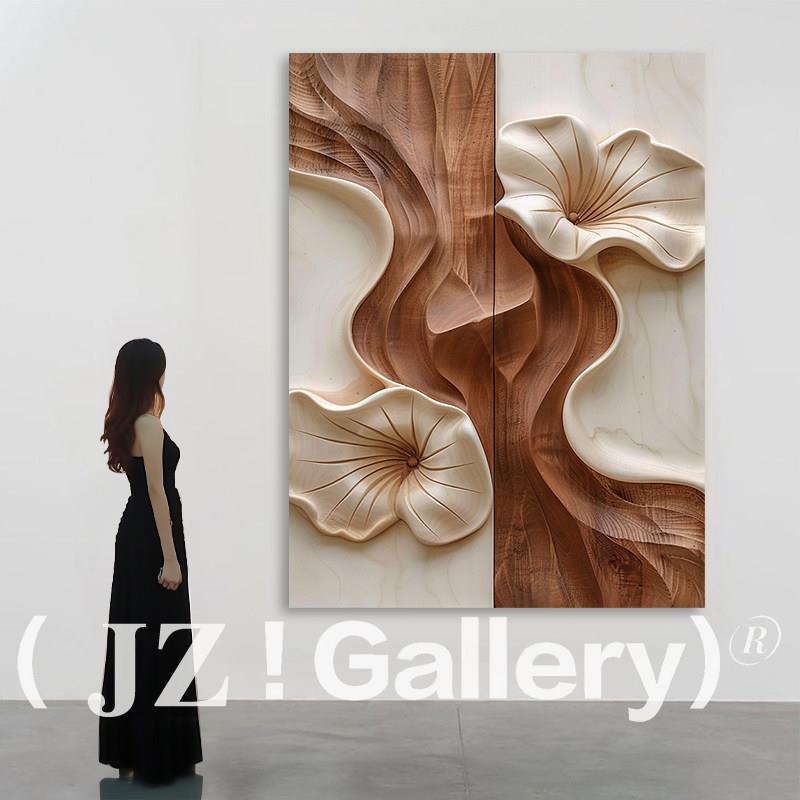 JZ《馥影》现代简约花卉浮雕装饰画玄关实物画过道创意木雕3D挂画