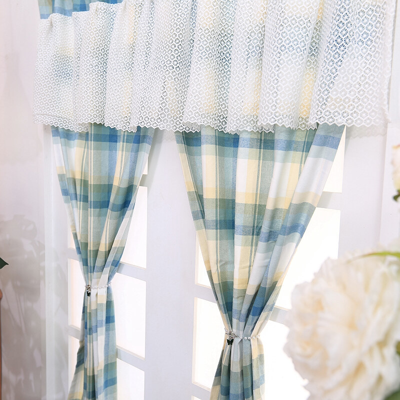 湛蓝地中海格子免打孔防尘门帘