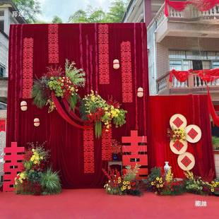 婚庆纱幔酒红色金丝绒布料婚礼背景黑色布幔加厚吸光幕布桌布