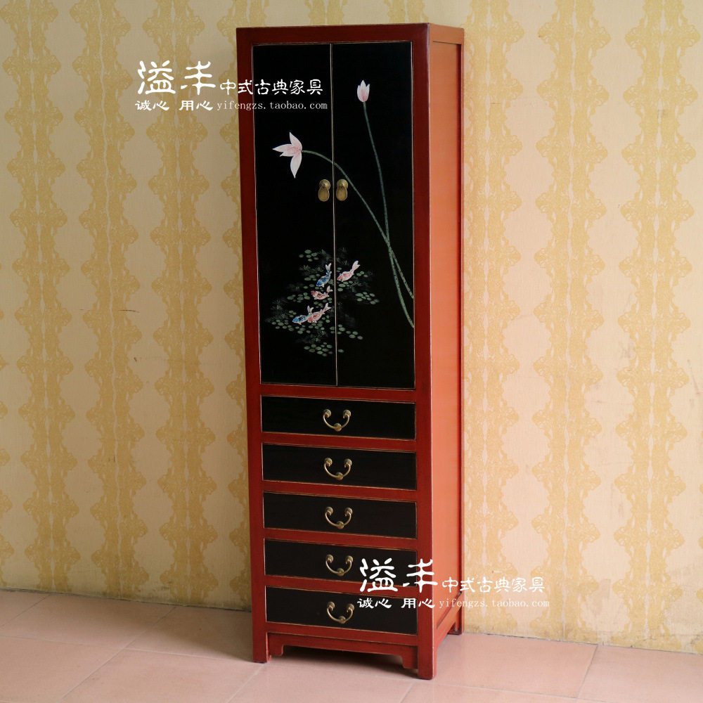 现代新中式仿古实木彩绘书柜