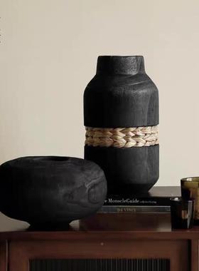 从复古新中式插碳化木黑色花瓶宿中式摆件LYZ墨民干花花器