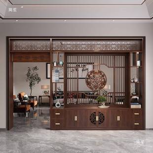 新中URW式实木拱门入户玄关屏风客装厅洞门隔断饰空浮雕月镂博古