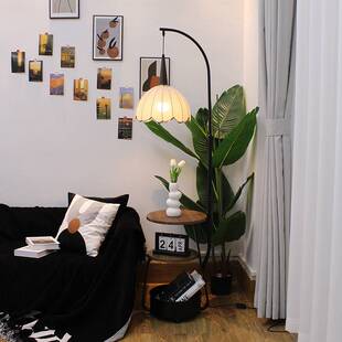 复古风胡桃色茶几落地灯网红沙发旁床头边几柜台灯一体三层置物架