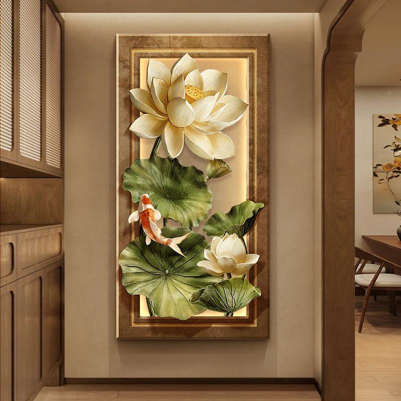 开富贵新中式玄关装挂饰画入户门荷花画竖版花过道走廊尽头壁MY-0