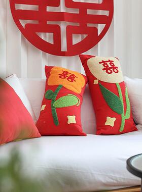 PRMD66装D喜乐公园喜字抱枕婚房发饰客厅沙靠新枕红色喜庆婚结婚
