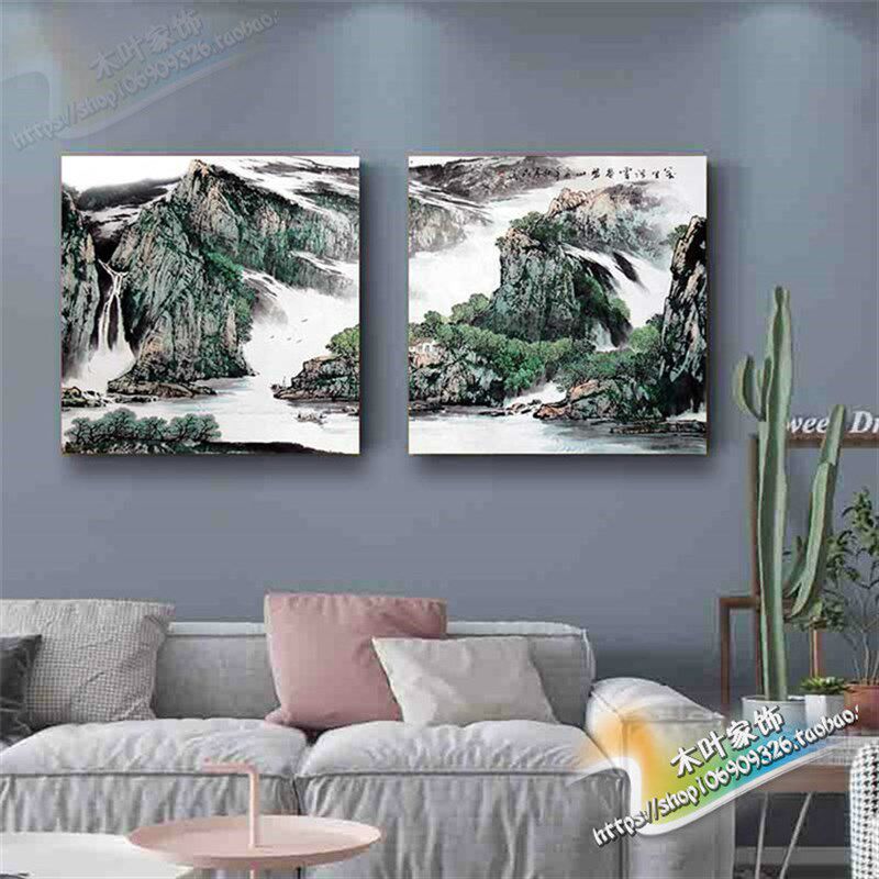 中式古典壁画水墨山水茶楼无框装饰画办公室挂画客厅背景墙画双联