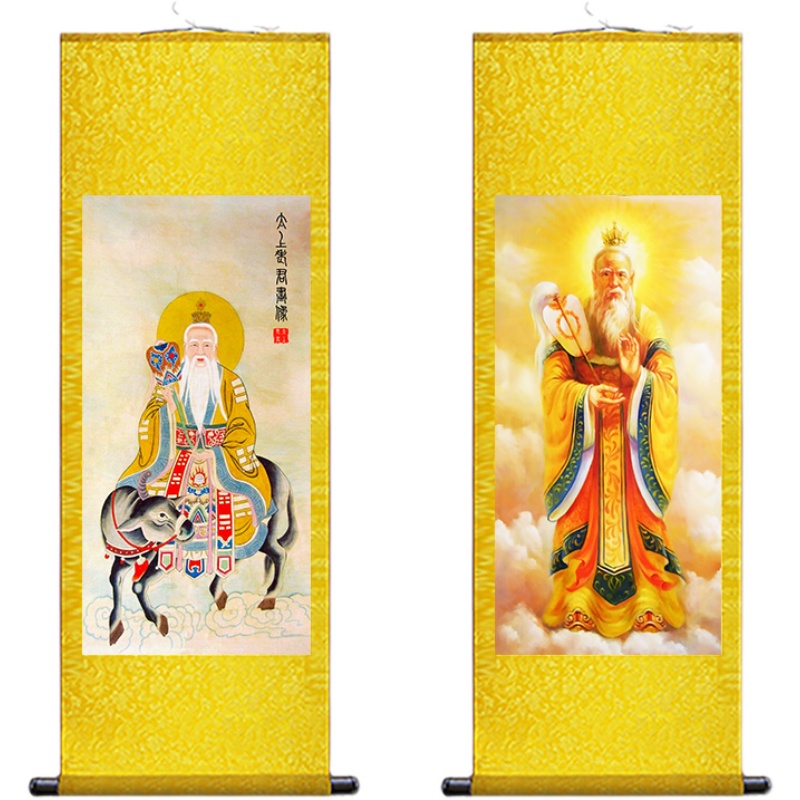 太上老君画像道场法会神话人物道德天尊供奉复古玄关壁画丝绸挂画