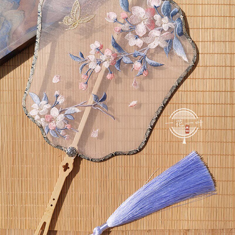 海棠花刺绣团扇单面古风宫扇成品古典宫廷汉服拍摄道具舞蹈扇