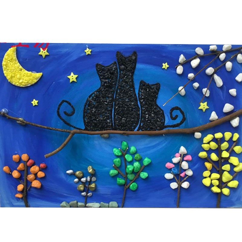 手工DIY石头画 黏贴画DIY材料包 木板树枝画 石子画 夜猫鹅卵石画