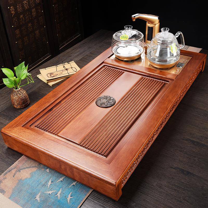 録沅金花梨实木茶盘茶具家用电茶炉四合一套装茶台烧水台茶托茶海