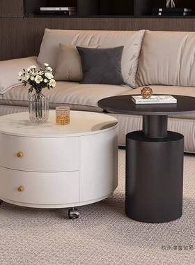 奶油圆形岩风板茶几轻奢客厅家用现简约小户代可移EXX动型带轮小