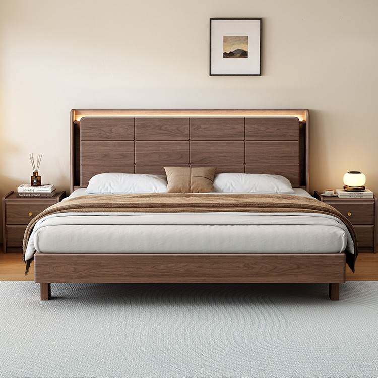 床头可置物带灯实木床现代简约卧室1.8米悬浮榻榻米排骨架双人床