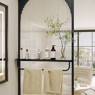 奶油风卫生间半墙水波纹玻璃隔断轻奢屏风干湿区洗手台毛巾置物架