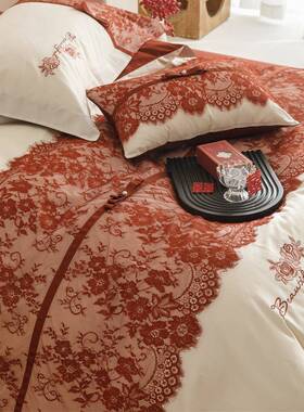 件长绒结棉工织带蝴蝶结NPU四手套红色蕾丝刺绣婚纯棉被套床单