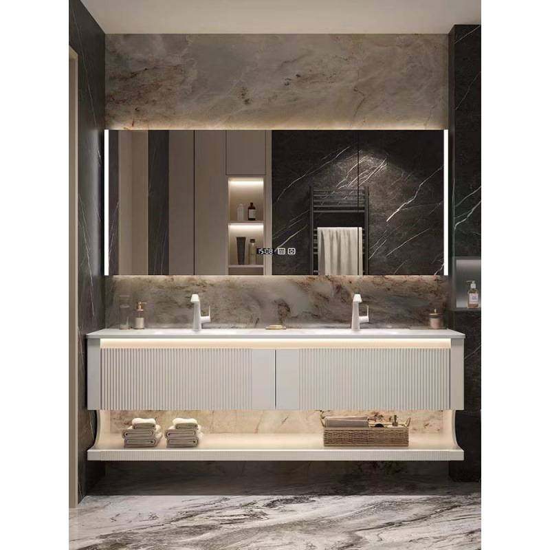 现代岩板热弯一体双盆浴室柜组合橡木烤漆卫生间洗手脸洗漱台盆柜