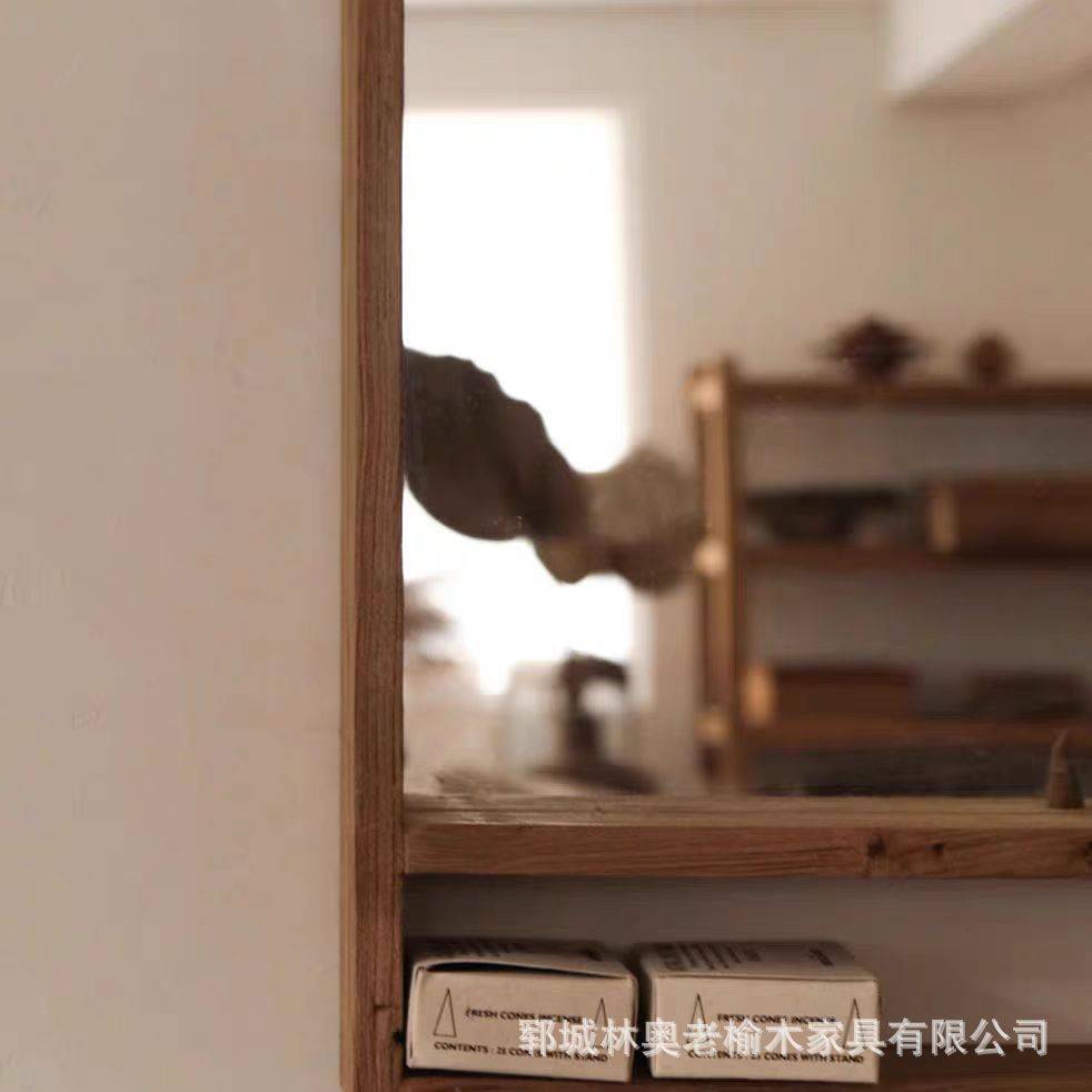 中式老榆木化妆镜中古风壁挂式镜家用玄关镜子收纳架实木墙上装饰