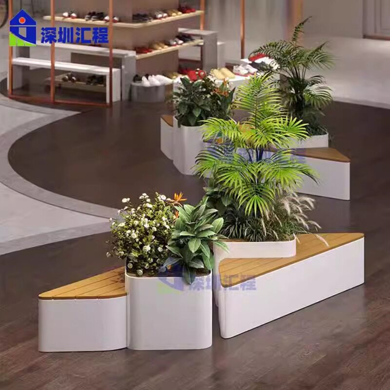 玻璃钢防腐木座椅花盆商场休息区组合广场三角形花箱坐凳休闲椅子