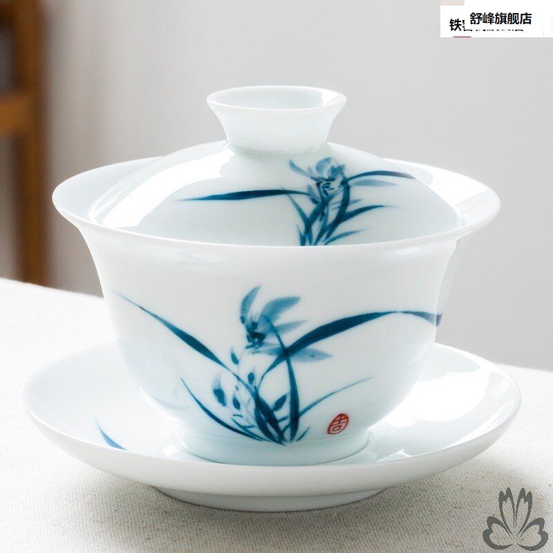 。手绘三才盖碗茶杯景瓷德镇单白瓷个青花功夫泡喝敬沏陶瓷茶具中