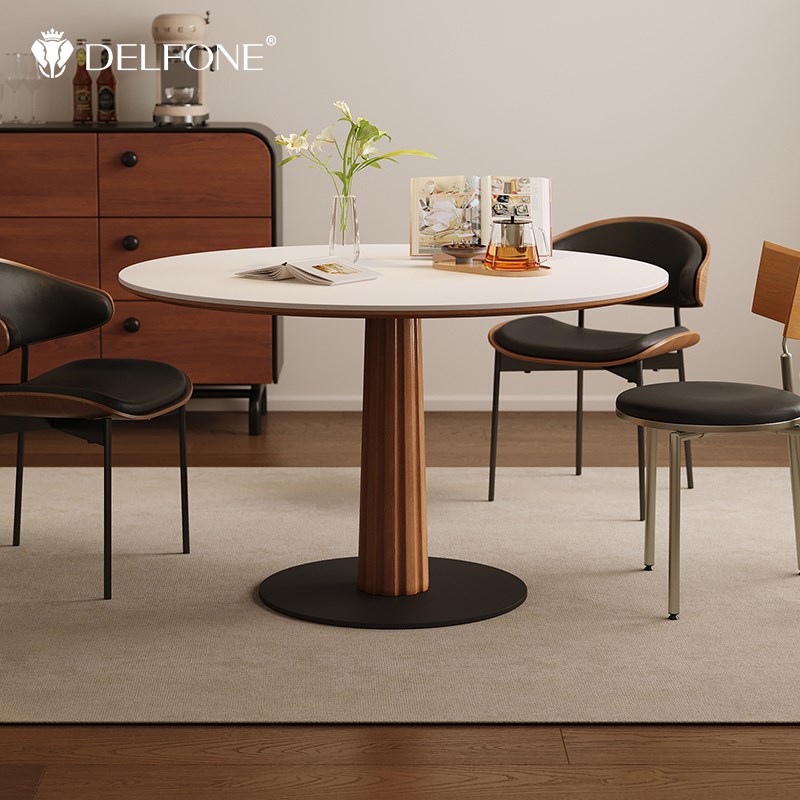 德利丰实木岩板餐桌全托中古风复古纯白家用小户型圆形饭桌洽谈桌