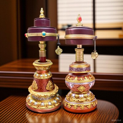 手摇底座树脂彩绘莲花八吉祥学院款长柄手摇转金轮座子锡杖大小号