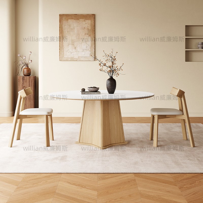 法式原木风实木餐桌椅圆形带转盘家用现代简约奶油风岩板圆桌