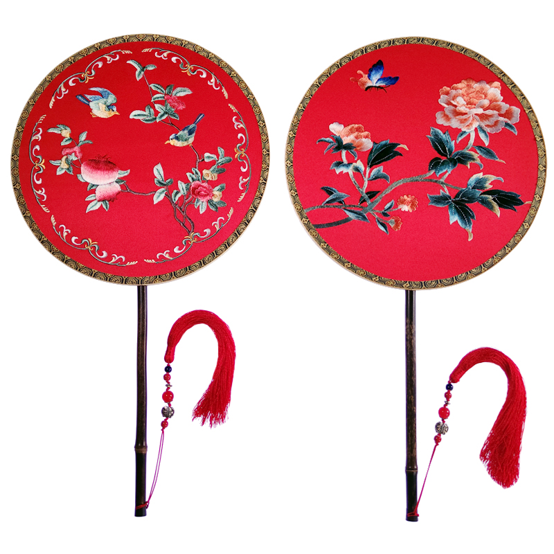 圆形汉婚却扇宫扇竹刺绣花扇子新古典中式明唐宋汉服配饰长柄定制