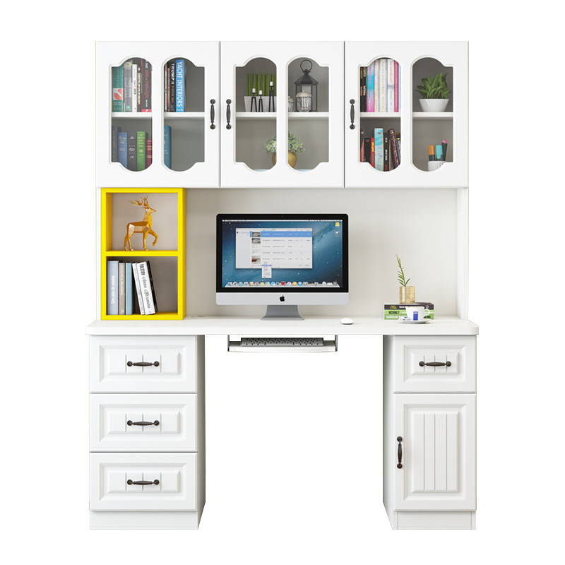 实木书桌书架简约家用学生学习桌卧室台式电脑桌书柜一体带门