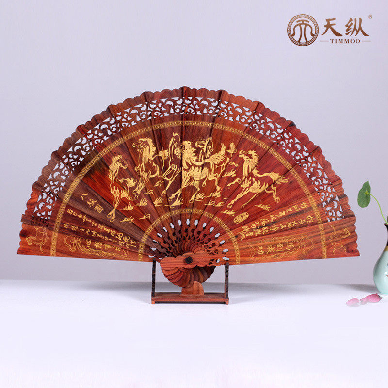 天纵古典工艺扇大红酸枝木扇子折扇实木雕刻摆扇摆件客厅墙上挂件