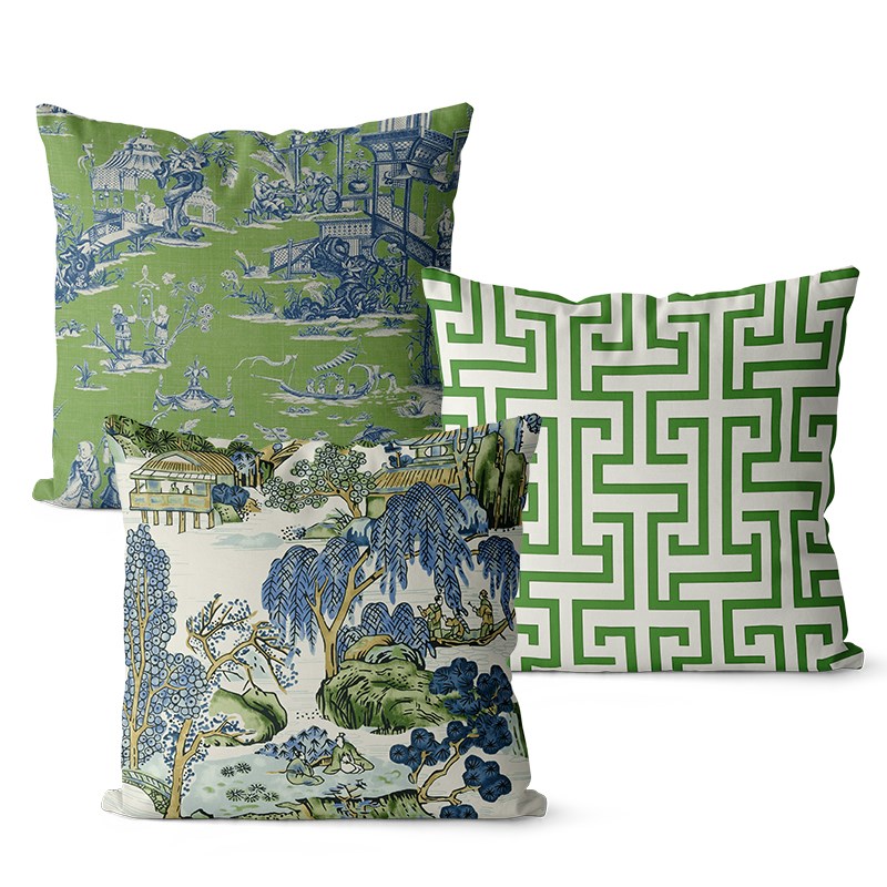 中式复古绿色棉麻图案面抱枕沙发靠垫床头大靠背午休腰枕小长枕