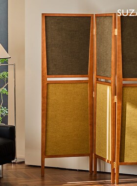 SUZO 中古樱桃木屏风餐厅实木布艺隔断复古折叠屏风隔断客厅玄关