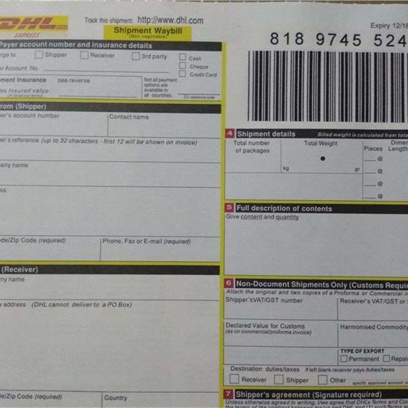 新款DHL面单dhl运单dhl快递单dhl全英文面单国际快递运单面单肩
