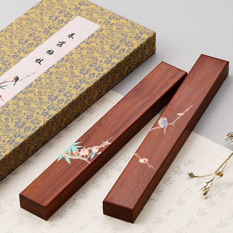 酸枝木彩绘镇纸镇尺一对书画用品 实木质创意文镇书法压纸石压条