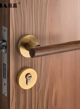 新中式内房门锁黄古铜复古CIR卧门锁磁吸静室音室手分体房间门把