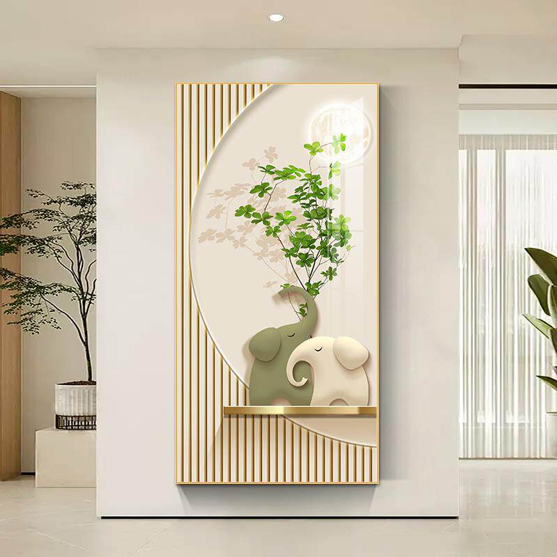 现代简约入玄关装饰画绿植大象廊过走ARR道墙画奶油户挂风正对门