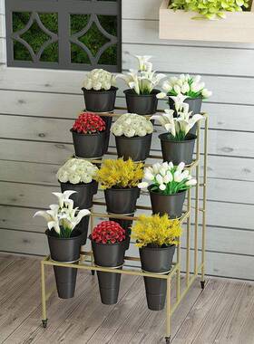 PFS23544号店花架鲜花展示铁艺多大层货架架可移动花带万向轮塑料