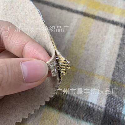 现货9厚50g加混纺双CX20522层双面黄驼咖格子呢面料秋冬精纺羊绒