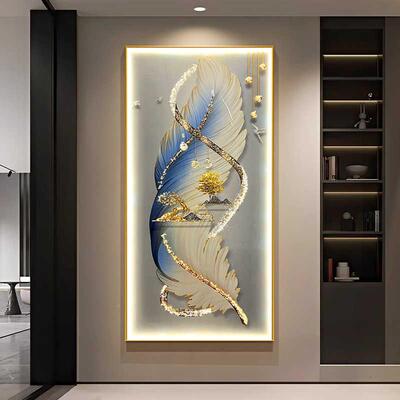 轻奢羽毛玄关装饰画现尽HS-09060代简约廊挂带灯LED画走过道头画