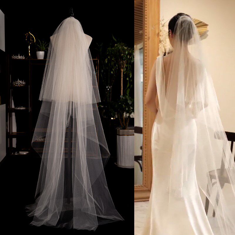 韩国水晶中硬纱通透蓬松褶皱头纱新E娘结婚婚礼影楼跟妆造型双层