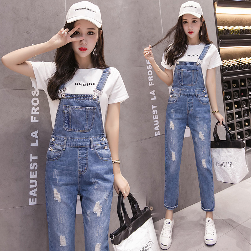 牛仔背带裤女韩版宽松2021新款秋季套装显L瘦网红九分破洞直筒减