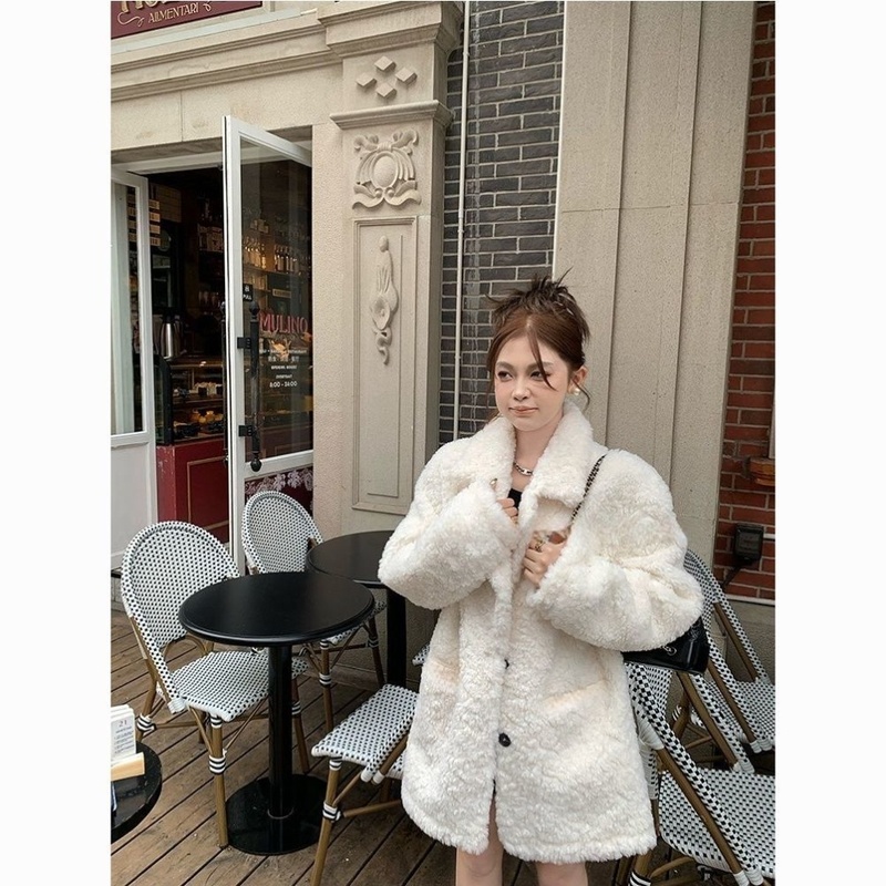 富人区20黑色仿貂毛翻领羊羔毛外套女冬季新款加厚宽松外套毛大衣